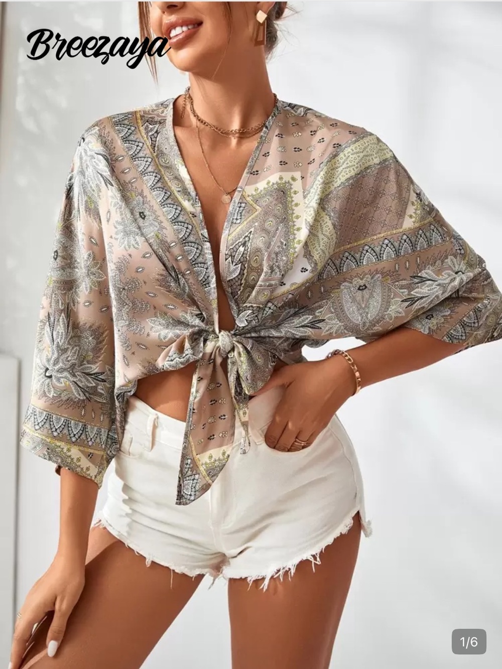 Tie-Front Paisley Print Women's Top - Beige